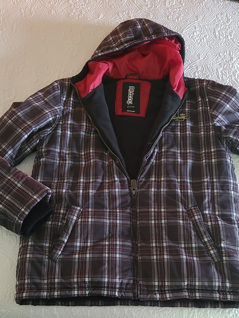 Vintage Y2K Billabong Plaid Puffer Jacket Size Medium Zips With Attached Hood
